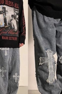 Y2K Grunge Embroidered Cross Parker Loose Pants - Retro 90S Fashion, Summer Y2K Outfits