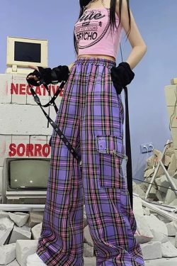 Y2K Grunge Emery Plaid Cargo Pants - 90S Retro Style, Summer Y2K Outfits, Gothic Y2K Fashion