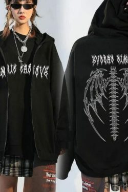 Y2K Grunge Fallen Angel Skeleton Wings Hoodie - 90S Retro Goth Fashion For Women