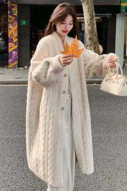 Y2K Grunge Faux Fur Coat - Warm V-Neck Rabbit Plush, Retro 90S Style, Elegant Winter Outerwear