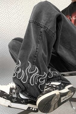 Y2K Grunge Flame Jeans - Retro 90S Fashion, Summer Y2K Outfits, Gothic Y2K Style