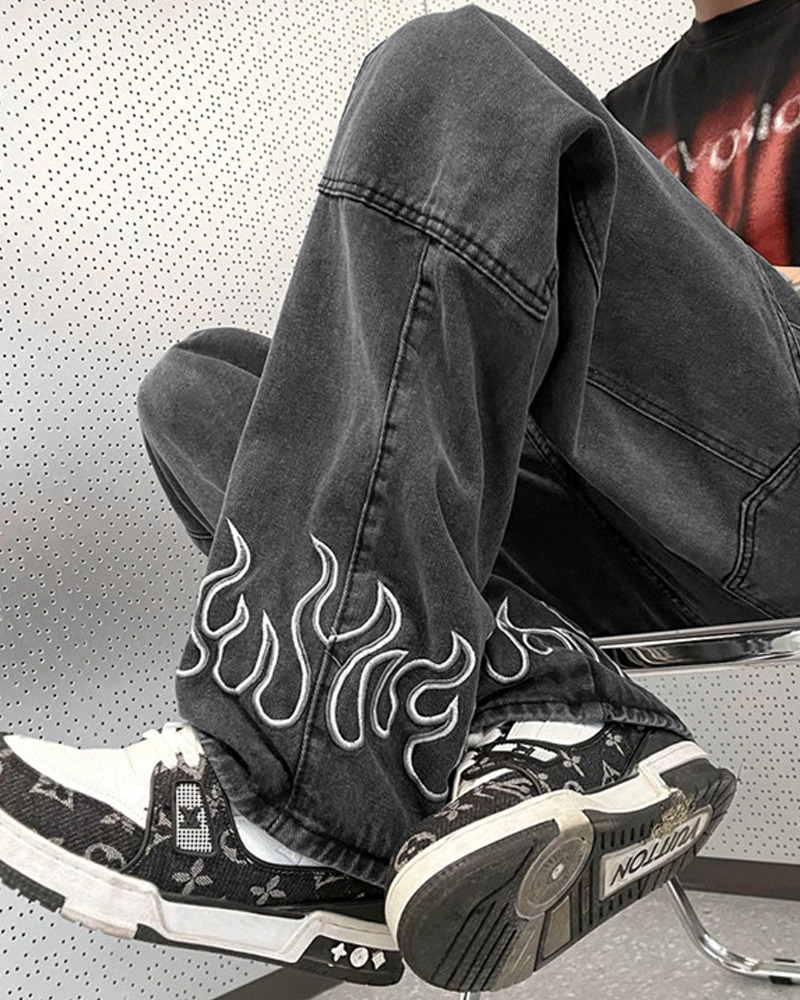Y2K Grunge Flame Jeans - Retro 90S Fashion, Summer Y2K Outfits, Gothic Y2K Style