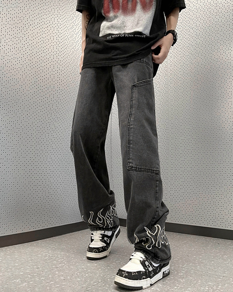 Y2K Grunge Flame Jeans - Retro 90S Fashion, Summer Y2K Outfits, Gothic Y2K Style