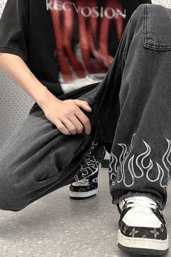 Y2K Grunge Flame Jeans - Retro 90S Fashion, Summer Y2K Outfits, Gothic Y2K Style