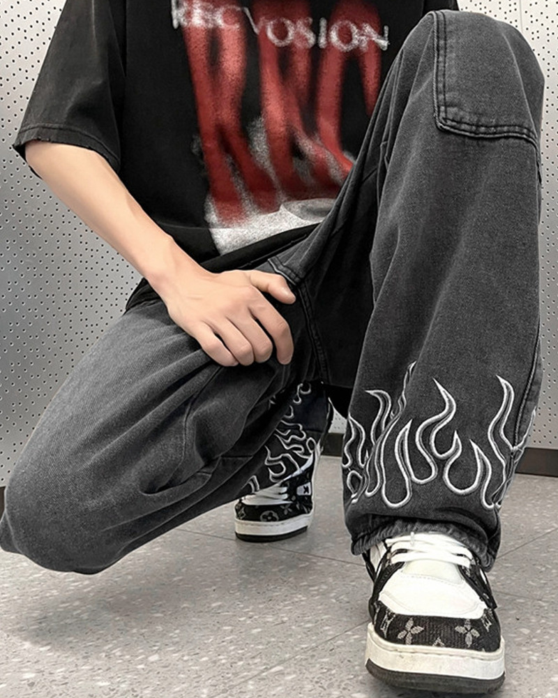 Y2K Grunge Flame Jeans - Retro 90S Fashion, Summer Y2K Outfits, Gothic Y2K Style