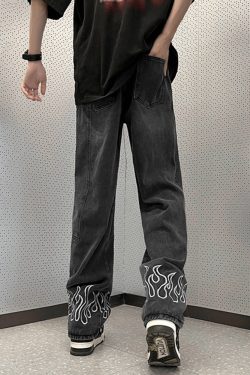 Y2K Grunge Flame Jeans - Retro 90S Fashion, Summer Y2K Outfits, Gothic Y2K Style