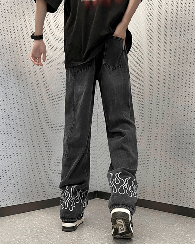 Y2K Grunge Flame Jeans - Retro 90S Fashion, Summer Y2K Outfits, Gothic Y2K Style