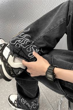 Y2K Grunge Flame Jeans - Retro 90S Fashion, Summer Y2K Outfits, Gothic Y2K Style