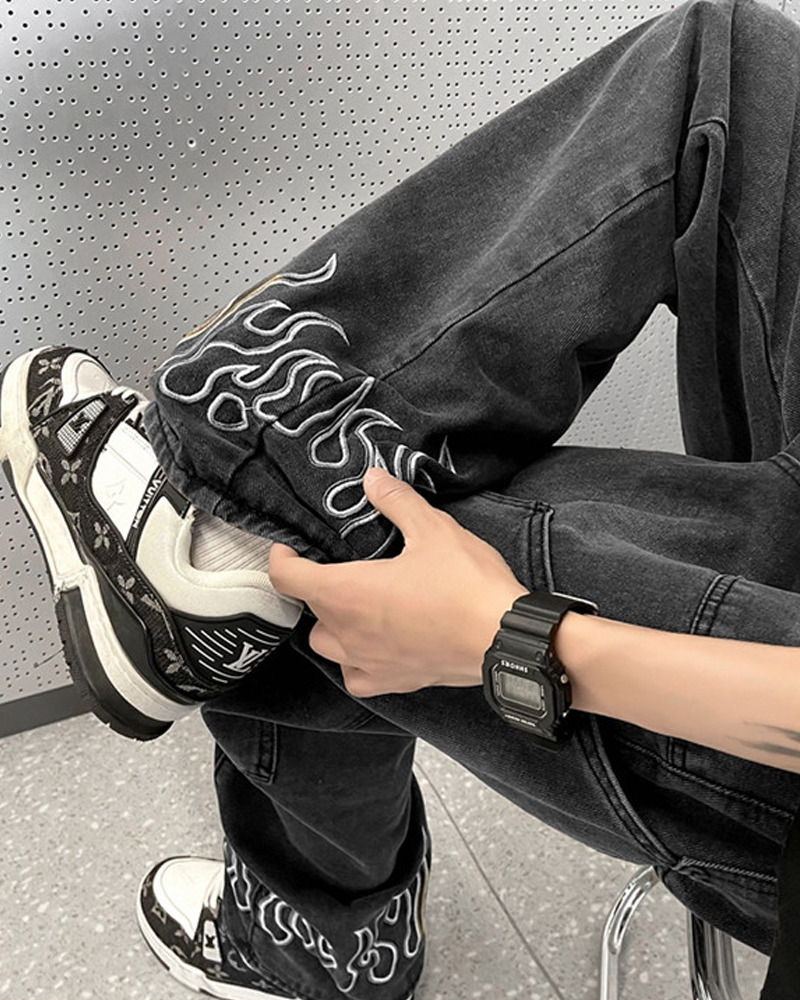 Y2K Grunge Flame Jeans - Retro 90S Fashion, Summer Y2K Outfits, Gothic Y2K Style