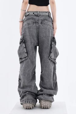 Y2K Grunge Gray Cargo Jeans - 90S Retro Style, Summer Y2K Outfits, Y2K Fashion Essentials