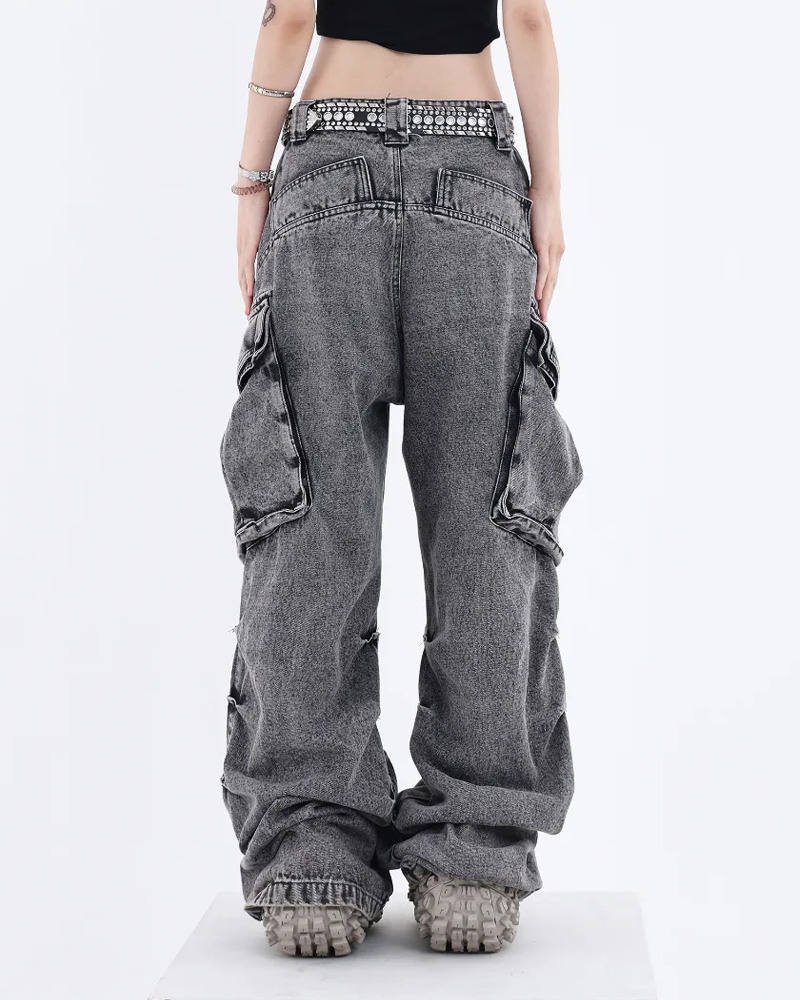Y2K Grunge Gray Cargo Jeans - 90S Retro Style, Summer Y2K Outfits, Y2K Fashion Essentials