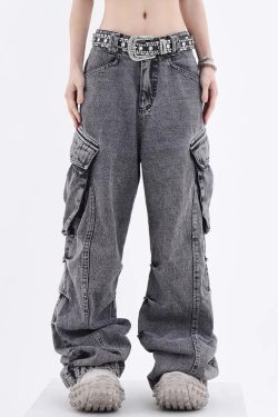 Y2K Grunge Gray Cargo Jeans - 90S Retro Style, Summer Y2K Outfits, Y2K Fashion Essentials