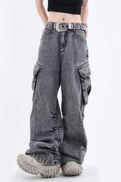 Y2K Grunge Gray Cargo Jeans - 90S Retro Style, Summer Y2K Outfits, Y2K Fashion Essentials