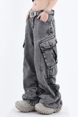 Y2K Grunge Gray Cargo Jeans - 90S Retro Style, Summer Y2K Outfits, Y2K Fashion Essentials