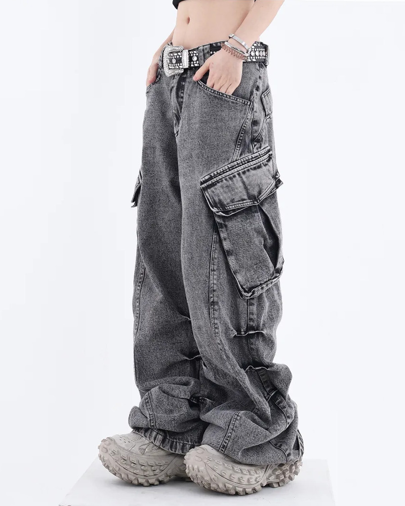 Y2K Grunge Gray Cargo Jeans - 90S Retro Style, Summer Y2K Outfits, Y2K Fashion Essentials