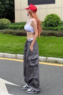 Y2K Grunge Gray Parachute Pants - 90S Retro Summer Outfit, Y2K Club & Party Fashion
