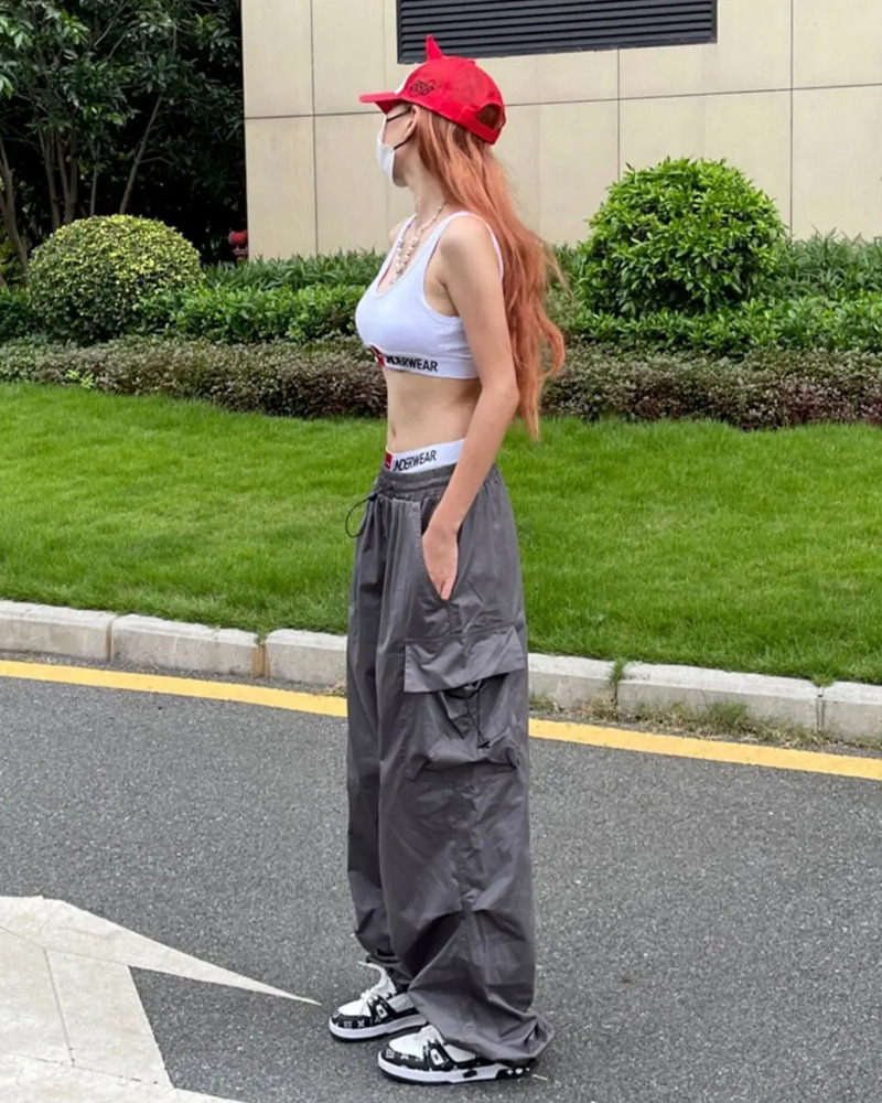 Y2K Grunge Gray Parachute Pants - 90S Retro Summer Outfit, Y2K Club & Party Fashion