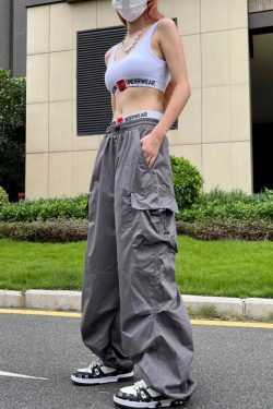 Y2K Grunge Gray Parachute Pants - 90S Retro Summer Outfit, Y2K Club & Party Fashion
