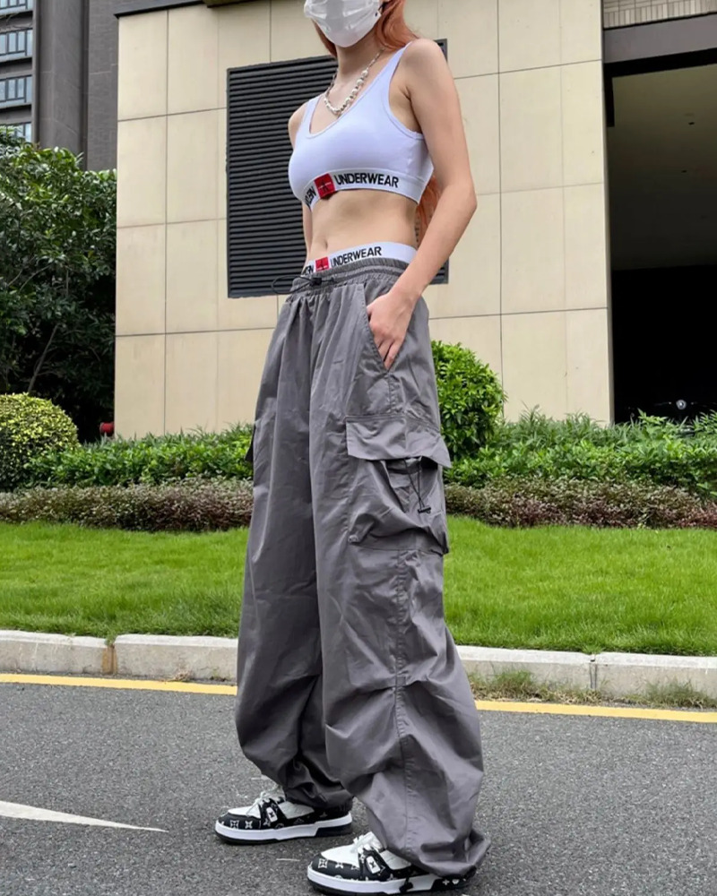 Y2K Grunge Gray Parachute Pants - 90S Retro Summer Outfit, Y2K Club & Party Fashion