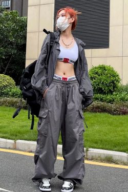 Y2K Grunge Gray Parachute Pants - 90S Retro Summer Outfit, Y2K Club & Party Fashion