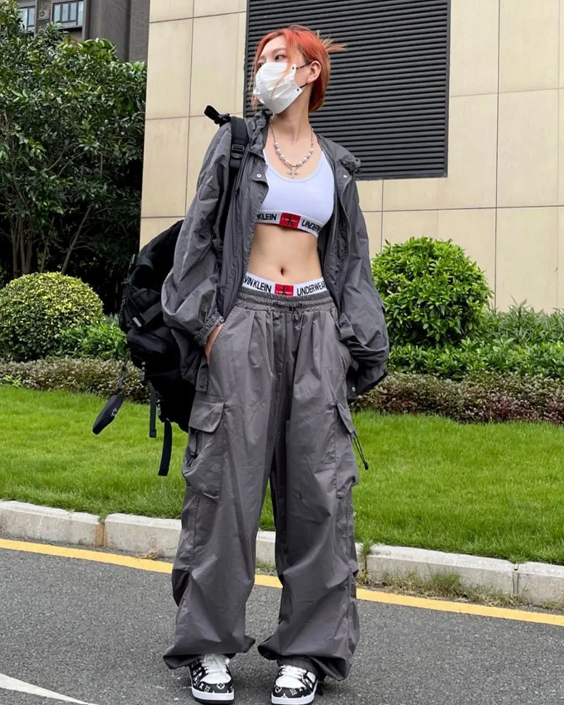 Y2K Grunge Gray Parachute Pants - 90S Retro Summer Outfit, Y2K Club & Party Fashion