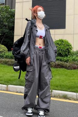 Y2K Grunge Gray Parachute Pants - 90S Retro Summer Outfit, Y2K Club & Party Fashion