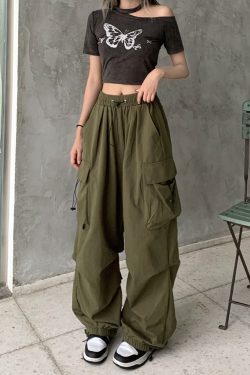 Y2K Grunge Green Parachute Pants - Retro 90S Fashion, Summer Y2K Outfits, Hip Hop Style