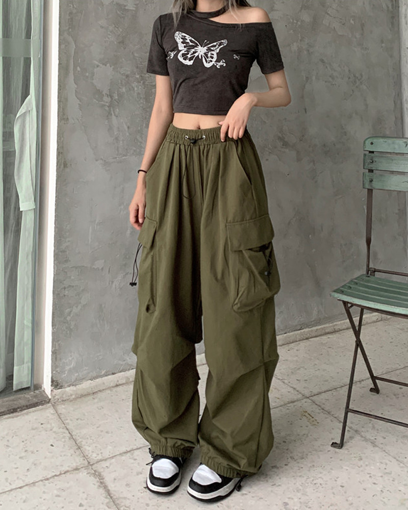 Y2K Grunge Green Parachute Pants - Retro 90S Fashion, Summer Y2K Outfits, Hip Hop Style