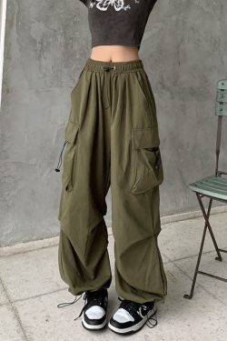 Y2K Grunge Green Parachute Pants - Retro 90S Fashion, Summer Y2K Outfits, Hip Hop Style