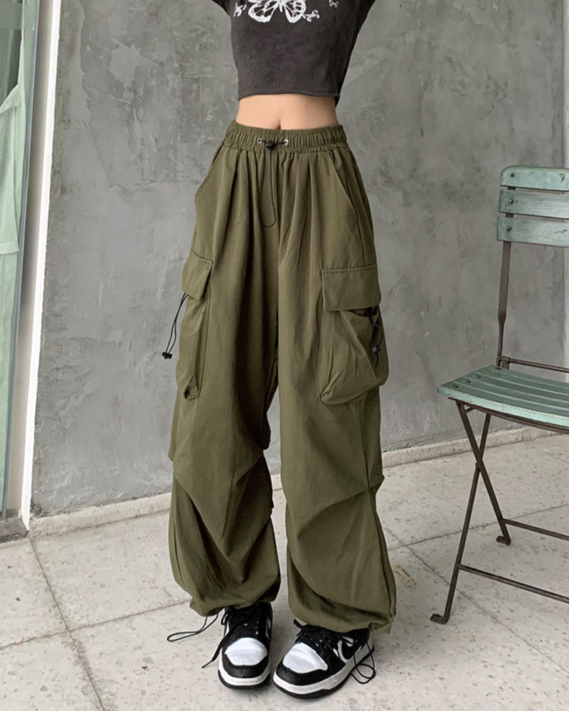 Y2K Grunge Green Parachute Pants - Retro 90S Fashion, Summer Y2K Outfits, Hip Hop Style