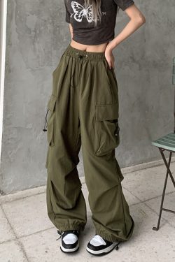 Y2K Grunge Green Parachute Pants - Retro 90S Fashion, Summer Y2K Outfits, Hip Hop Style