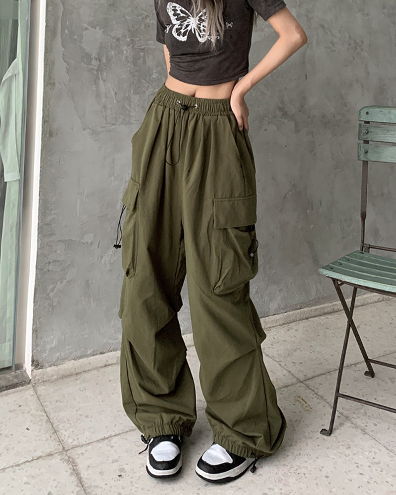 Y2K Grunge Green Parachute Pants - Retro 90S Fashion, Summer Y2K Outfits, Hip Hop Style