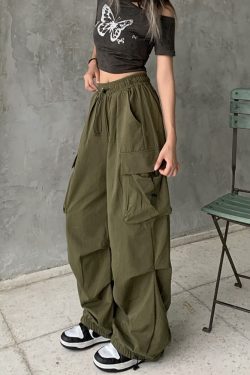 Y2K Grunge Green Parachute Pants - Retro 90S Fashion, Summer Y2K Outfits, Hip Hop Style