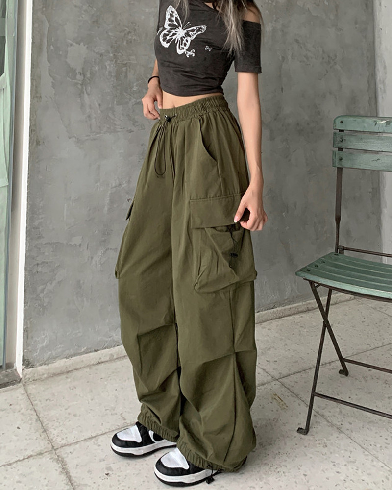 Y2K Grunge Green Parachute Pants - Retro 90S Fashion, Summer Y2K Outfits, Hip Hop Style
