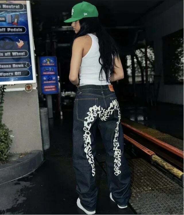 Y2K Grunge High-Waisted Graphic Jeans - Gothic Punk, 90S Hip-Hop, Versatile Casual Pants Y2K Grunge High-Waisted Graphic Jeans - Gothic Punk, 90S Hip-Hop, Versatile Casual Pants