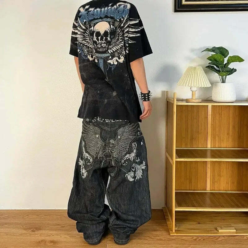 Y2K Grunge High-Waisted Graphic Jeans - Gothic Punk, 90S Hip-Hop, Versatile Casual Pants Y2K Grunge High-Waisted Graphic Jeans - Gothic Punk, 90S Hip-Hop, Versatile Casual Pants