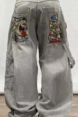 Y2K Grunge High-Waisted Graphic Jeans - Gothic Punk, 90S Hip-Hop, Versatile Casual Pants