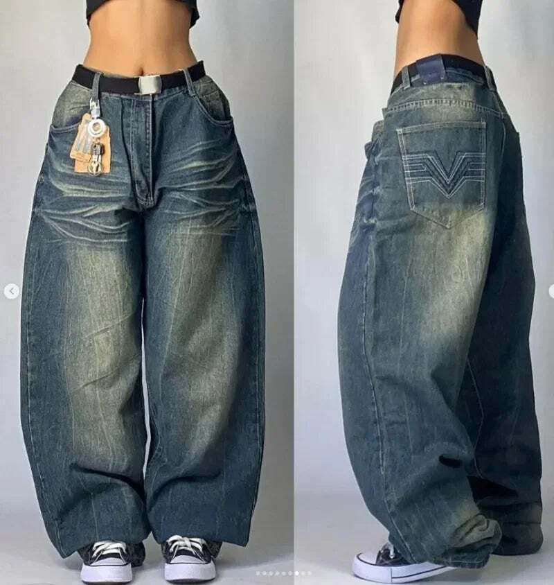Y2K Grunge High Waist Baggy Jeans - Vintage Harajuku Wide-Leg Pants For Women, Gothic Streetwear Y2K Grunge High Waist Baggy Jeans - Vintage Harajuku Wide-Leg Pants For Women, Gothic Streetwear