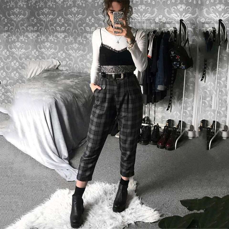 Y2K Grunge High Waist Plaid Pants - 90S Fashion, Retro Style, Y2K Summer Outfits