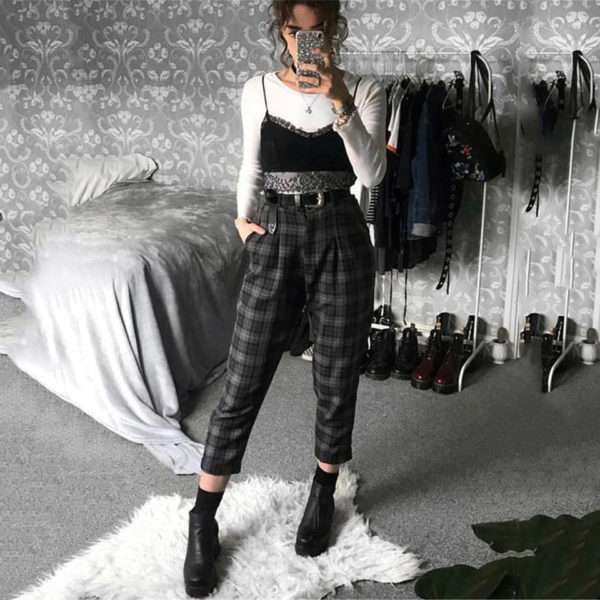 Y2K Grunge High Waist Plaid Pants - 90S Fashion, Retro Style, Y2K Summer Outfits