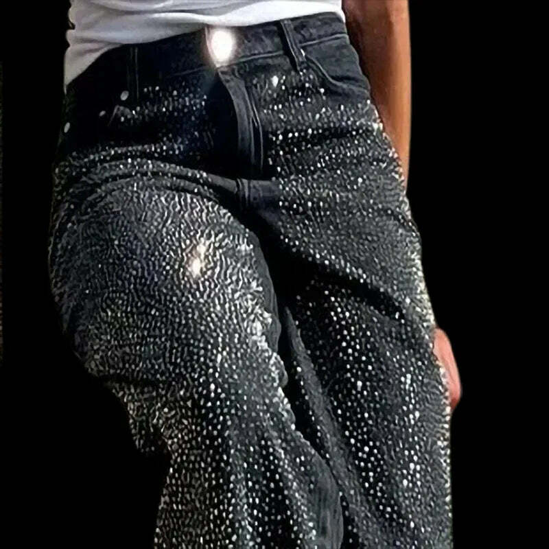 Y2K Grunge High Waist Wide Leg Rhinestone Jeans - Retro 90S Baggy Pants For Women