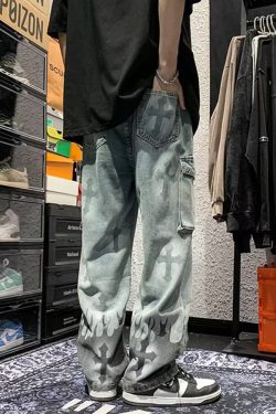 Y2K Grunge Jeans With Crosses - 90S Retro Style, Gothic Y2K, Summer Y2K Outfits