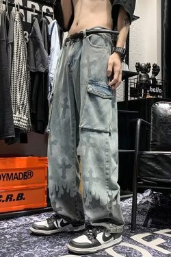 Y2K Grunge Jeans With Crosses - 90S Retro Style, Gothic Y2K, Summer Y2K Outfits