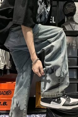 Y2K Grunge Jeans With Crosses - 90S Retro Style, Gothic Y2K, Summer Y2K Outfits