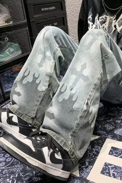 Y2K Grunge Jeans With Crosses - 90S Retro Style, Gothic Y2K, Summer Y2K Outfits