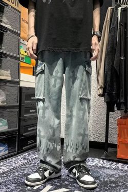 Y2K Grunge Jeans With Crosses - 90S Retro Style, Gothic Y2K, Summer Y2K Outfits