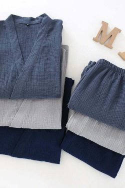 Y2K Grunge Kimono Set: 100% Cotton Pajamas, Retro 90S Couple Yukata, Loose Fit Home Service Suit