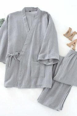 Y2K Grunge Kimono Set: 100% Cotton Pajamas, Retro 90S Couple Yukata, Loose Fit Home Service Suit