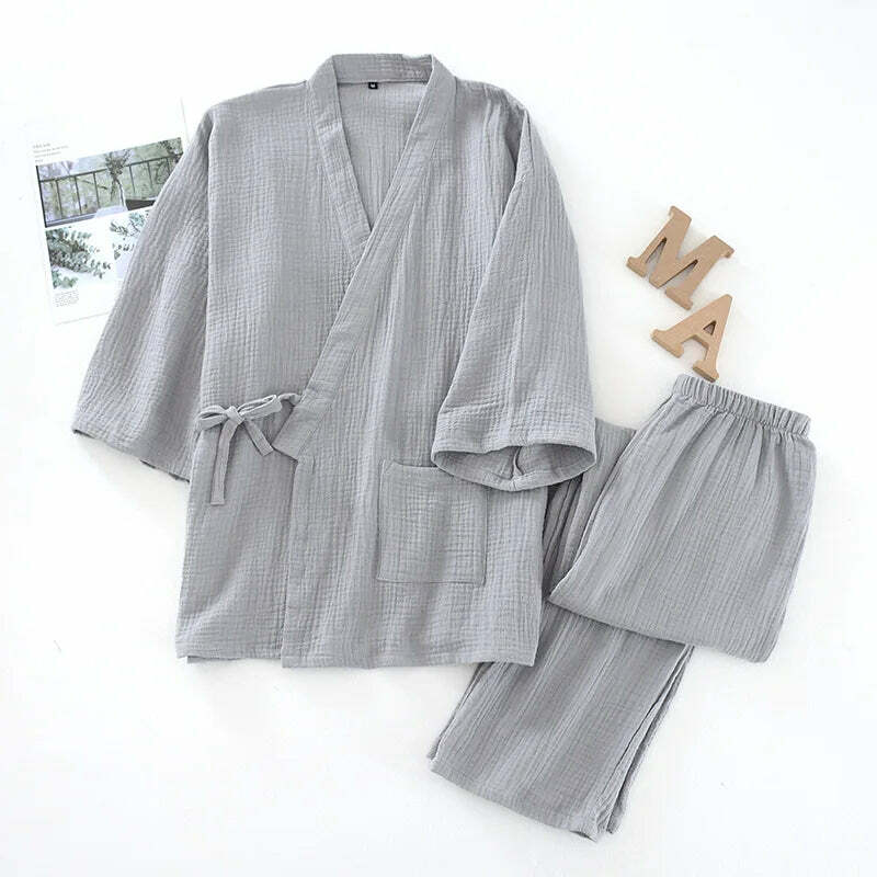 Y2K Grunge Kimono Set: 100% Cotton Pajamas, Retro 90S Couple Yukata, Loose Fit Home Service Suit Y2K Grunge Kimono Set: 100% Cotton Pajamas, Retro 90S Couple Yukata, Loose Fit Home Service Suit