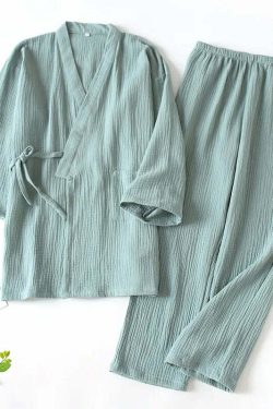 Y2K Grunge Kimono Set: 100% Cotton Pajamas, Retro 90S Couple Yukata, Loose Fit Home Service Suit